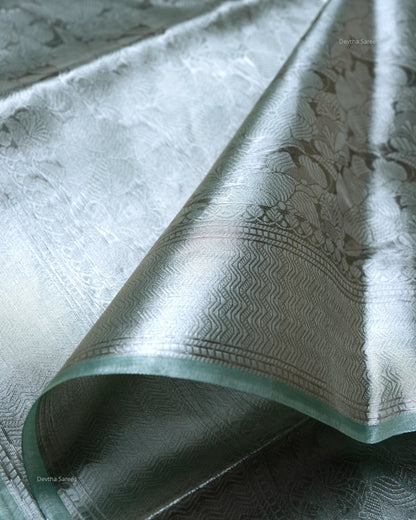 Liquid Silver - Sage Green Handwoven Pure Mulberry Brocade Silk Saree
