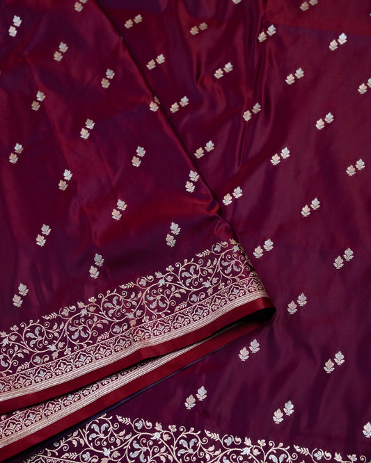 Deep Wine Banarasi Mashru Katan Silk Saree with buttas