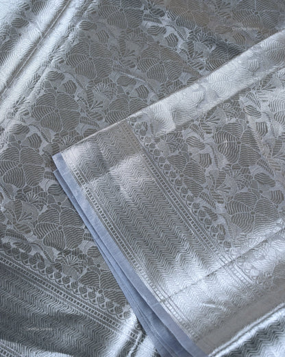 Liquid Silver - Moody Sky Blue Handwoven Pure Mulberry Brocade Silk Saree