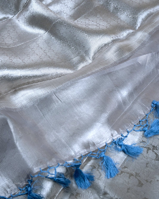 Liquid Silver - Moody Sky Blue Handwoven Pure Mulberry Brocade Silk Saree