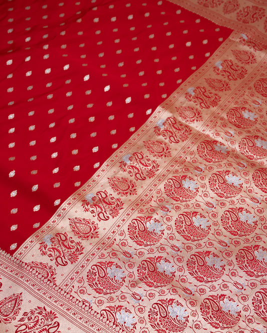 Ruby Red Banarasi Mashru Katan Silk Saree with buttas