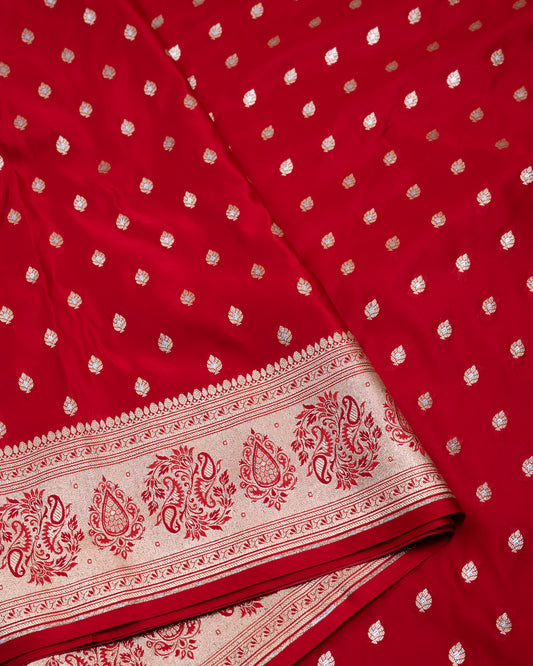 Ruby Red Banarasi Mashru Katan Silk Saree with buttas