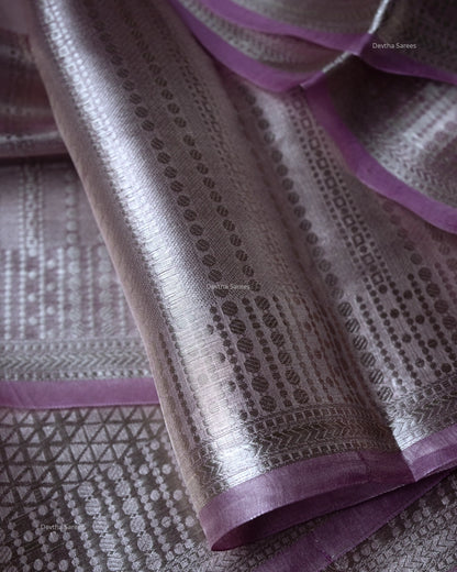 Liquid Silver - Lavender Handwoven Pure Mulberry Brocade Silk Saree