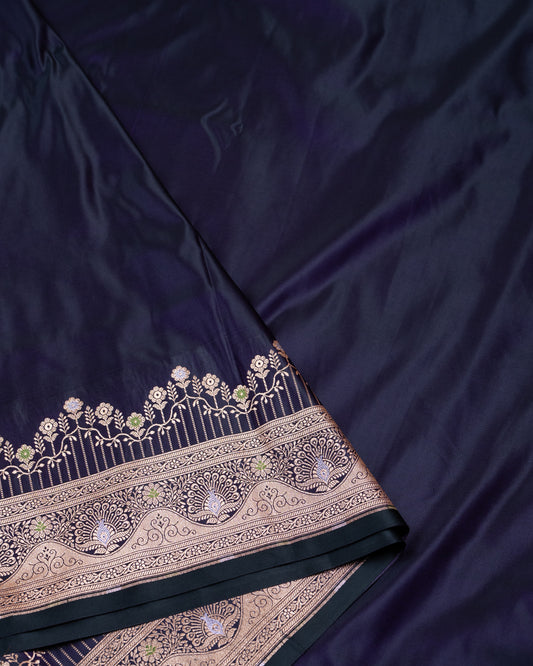 Royal Indigo Banarasi Mashru Katan Silk Saree zari border