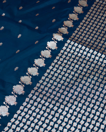 Midnight Blue Banarasi Mashru Katan Silk Saree with buttas