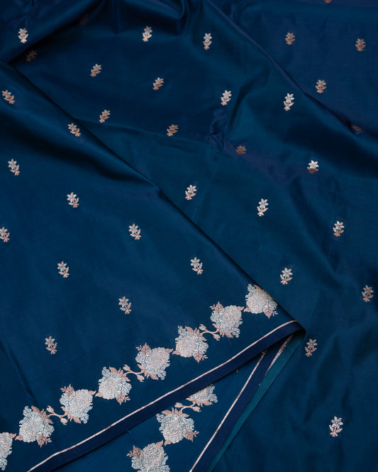 Midnight Blue Banarasi Mashru Katan Silk Saree with buttas