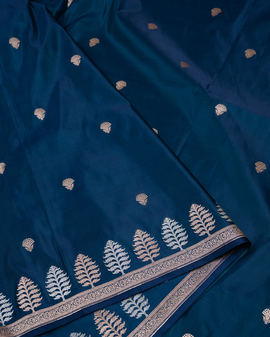 Midnight Blue Banarasi Mashru Katan Silk Saree with buttas