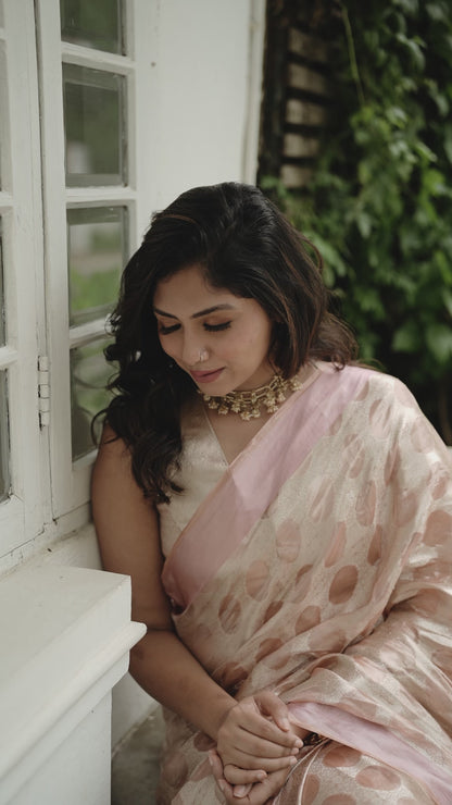 Liquid Gold - Spanish Peach Handwoven Pure Mulberry Brocade Silk Saree with Circle Pattern