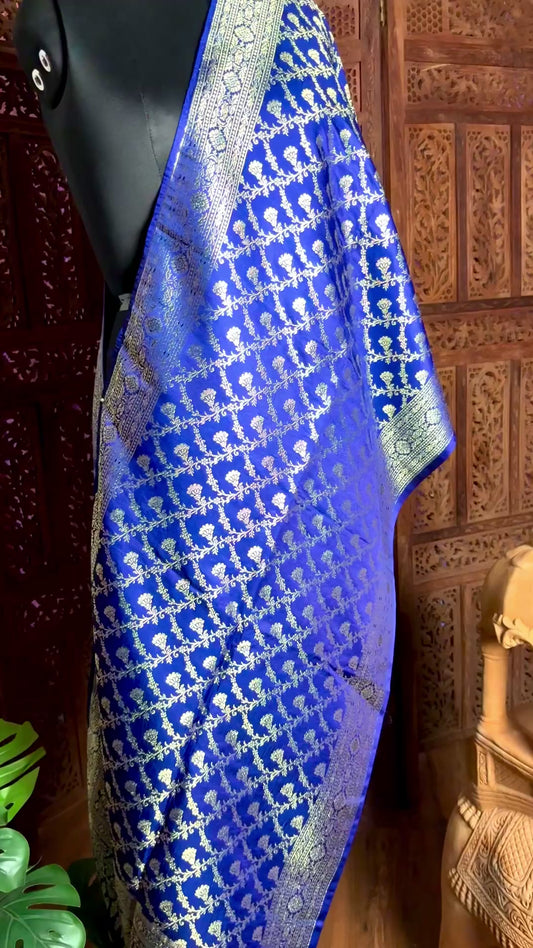 Royal Blue Premium Banarasi Katan Brocade Silk Dupatta Stole (D31)