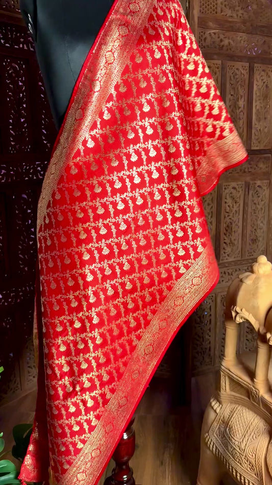Red Premium Banarasi Katan Brocade Silk Dupatta Stole (D31)
